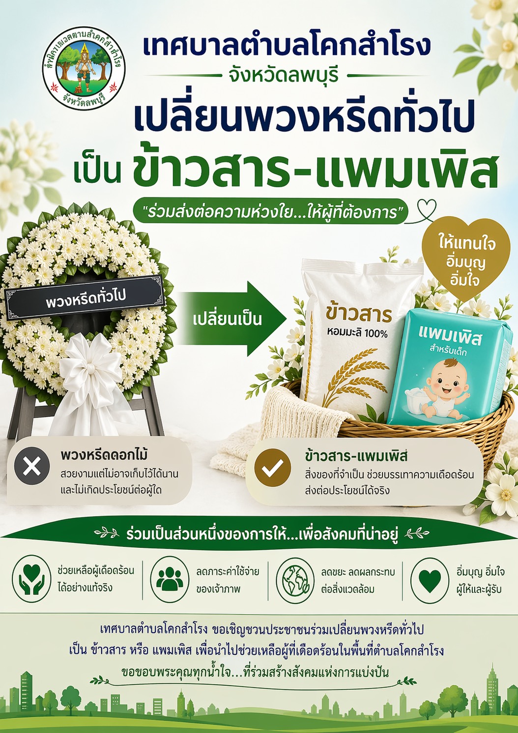 ประชาสัมพันธ์โครงการ “พวงหรีดข้าวสาร–แพมเพิส สะพานบุญสู่ผู้ยากไร้”